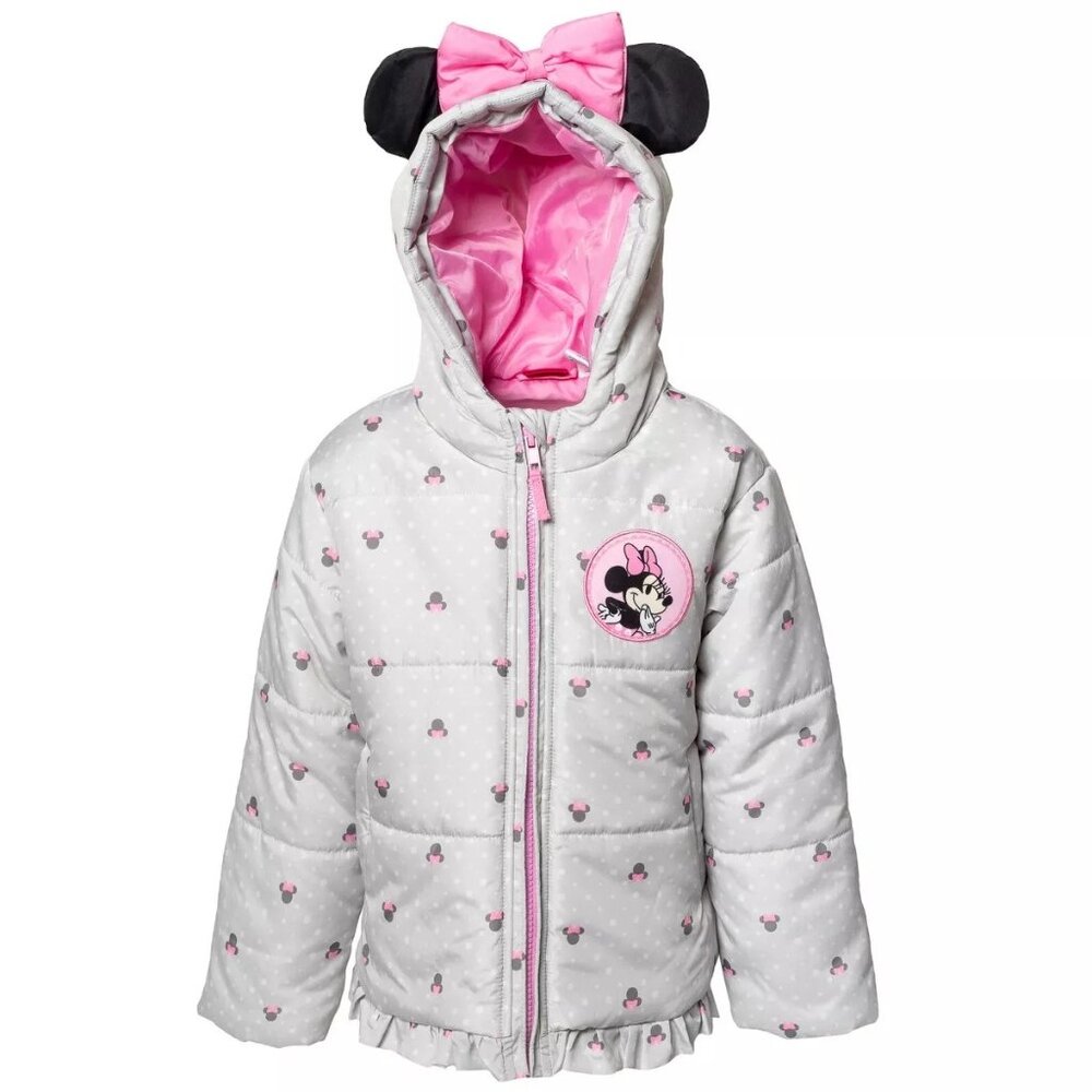 Disney Junior Minnie Mouse Girls Puffer Jacket‎ Toddler 3T Gray Pink Bow & Ears
